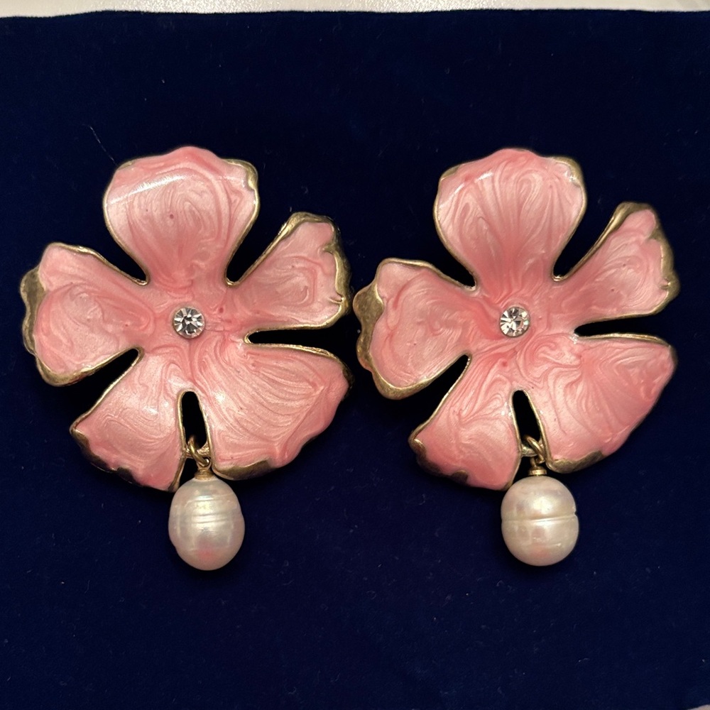 Zara Pink Enamel Flower Drop Earrings with Pearl